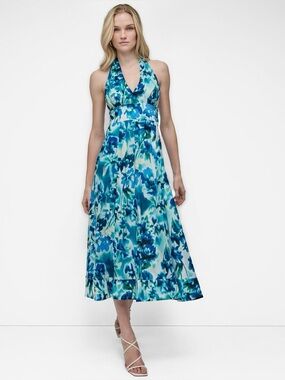NWT DKNY Floral Halter Neck Midi Dress Size 2 Teal Blue Cotton Fit Flare